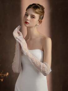 2只装多功能网纱珍珠白新娘手套，时尚新娘婚纱长款露指蕾丝手套，轻盈透明过肘手套，适合表演、派对、摄影等场合 - 白色 - 查看 5