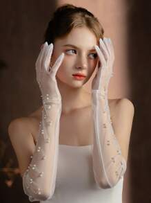 2只装多功能网纱珍珠白新娘手套，时尚新娘婚纱长款露指蕾丝手套，轻盈透明过肘手套，适合表演、派对、摄影等场合 - 白色 - 查看 4