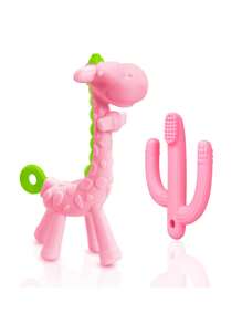 2 件装小鹿和仙人掌硅胶牙胶玩具，100% 硅胶，适合 3 个月以上婴儿 - 粉色 - 查看 1