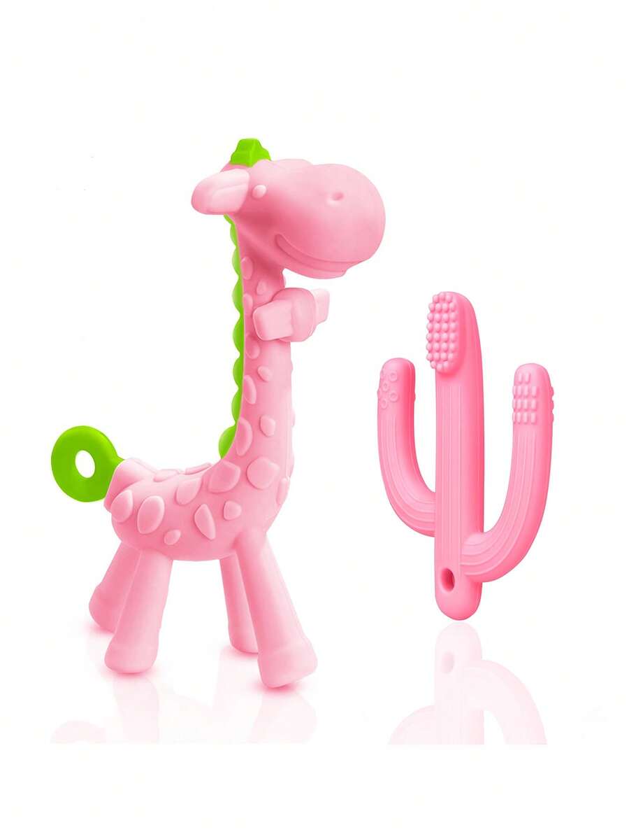 2 件装小鹿和仙人掌硅胶牙胶玩具，100% 硅胶，适合 3 个月以上婴儿 - 粉色 - 查看 1