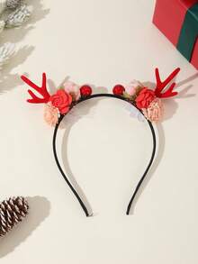 1個卡通紅色鹿角,真實玫瑰和向日葵設計的頭飾,作為聖誕節慶祝活動服裝頭箍