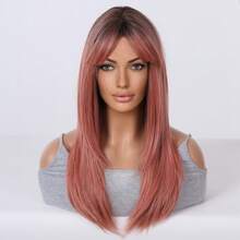 灰粉色蝴蝶万圣节角色扮演，深色发根，22 英寸长分层头发，带窗帘刘海，女士合成假发，适合日常使用派对度假节日自然浪漫性感简约休闲圣诞节角色扮演服装耐热假发