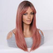 灰粉色蝴蝶万圣节角色扮演，深色发根，22 英寸长分层头发，带窗帘刘海，女士合成假发，适合日常使用派对度假节日自然浪漫性感简约休闲圣诞节角色扮演服装耐热假发