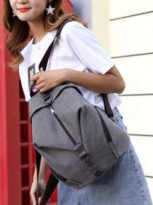 Canvas Backpack Women's Casual Student Backpack, Multifunctional Large Capacity Shoulder Bag, School Backpack - Grey - View 7