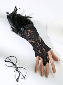 1只女士雙層羽毛&性感鉤針鑲邊無指手套,適用於舞台派對和舞蹈,黑色