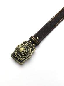 復古棕色牛仔腰帶,綠色古銅色骷髏扣及寶石裝飾 - 咖啡棕 - 查看 3
