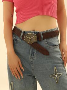 新款西部牛仔風格皮帶,配有牛頭扣,復古又搖滾的設計,適合街頭穿搭 - 棕色 - 查看 1