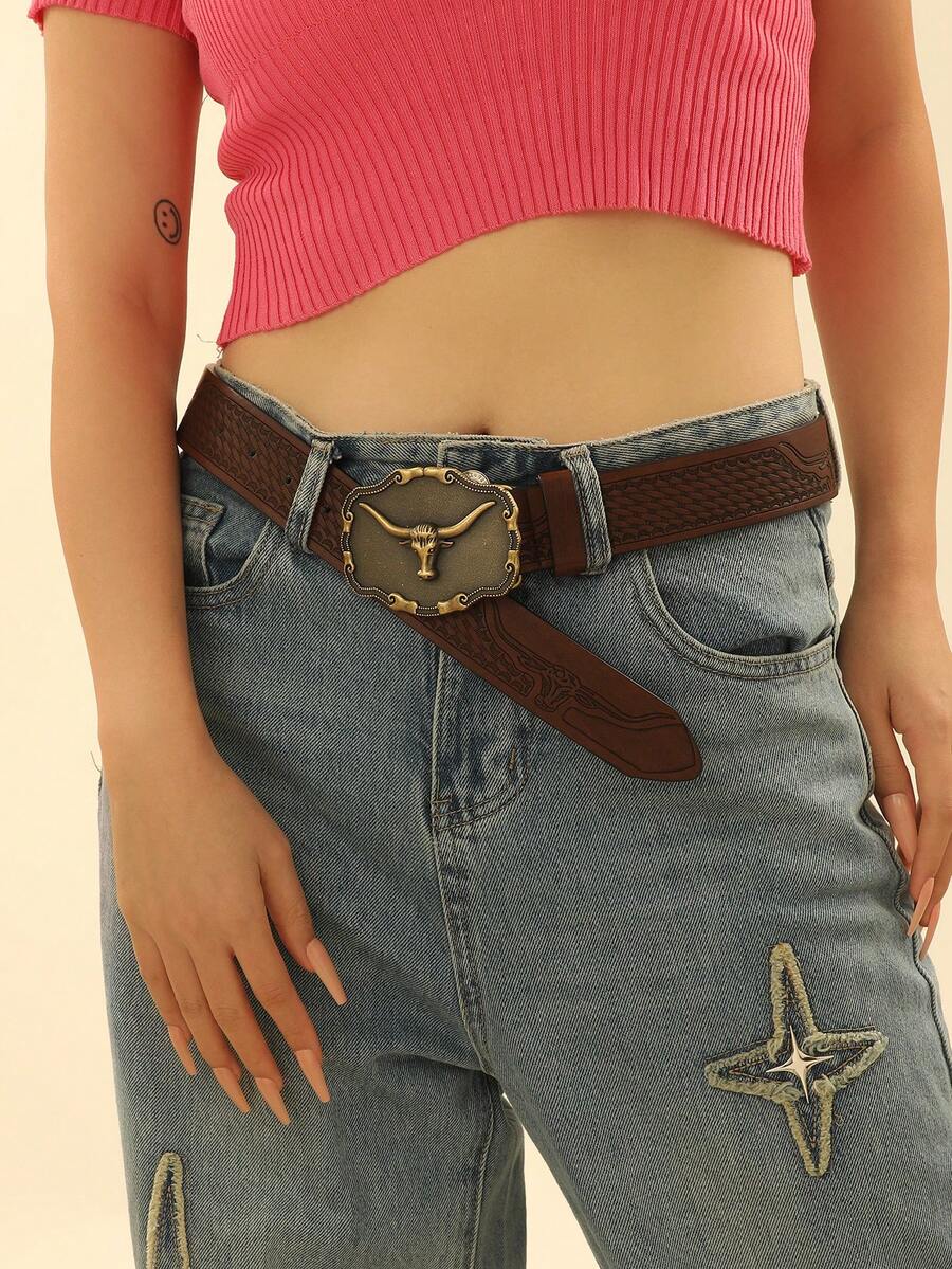 新款西部牛仔風格皮帶,配有牛頭扣,復古又搖滾的設計,適合街頭穿搭 - 棕色 - 查看 1