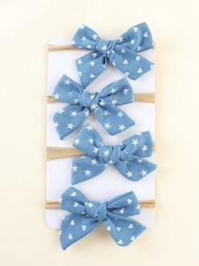 4 件蓝色爱心与五角星印花蝴蝶结装饰头带适合儿童，柔软牛仔效果弹性头带，婴儿日常发饰