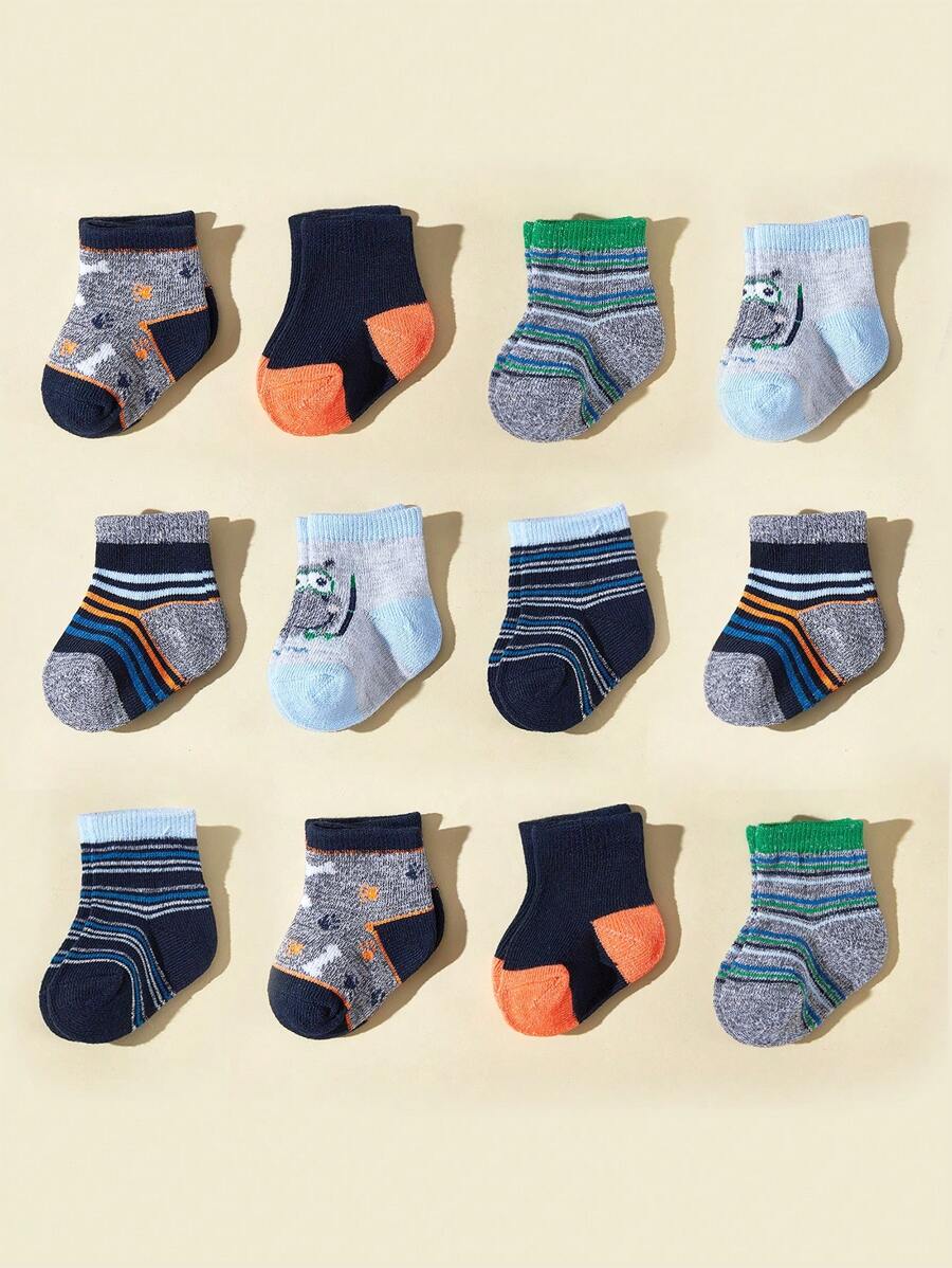 12雙寶寶男孩可愛刺繡中筒襪,全季節適用 - 彩色 - 查看 1