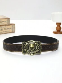 復古棕色牛仔腰帶,綠色古銅色骷髏扣及寶石裝飾 - 咖啡棕 - 查看 4