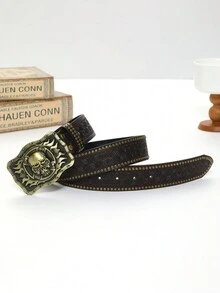 復古棕色牛仔腰帶,綠色古銅色骷髏扣及寶石裝飾 - 咖啡棕 - 查看 2