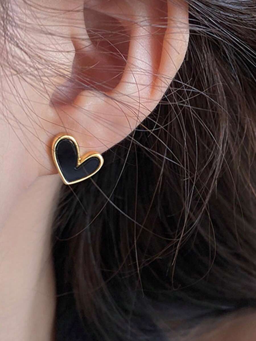 1pair Fashionable Black Small Heart Shaped Stud Earrings For Women - Black - View 1