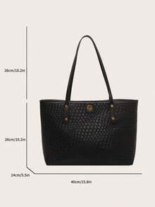 Solid Color Rivet Decor Pu Large Capacity Shoulder Tote Bag, Fashionable Women'S Handbag With Double Handles Weaved Bag, Best For Teenage Girls, College Students, Novices And White-Collar Workers. Perfectly Suited For Office, Work, Business, Commute, As A Best Work Bag For Women - Black - View 5