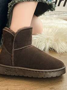 女士冬季保暖毛絨雪靴,圓頭高筒短靴,時尚情侶風格,橡膠厚底易穿脫