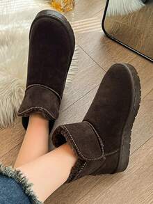 女士冬季保暖毛絨雪靴,圓頭高筒短靴,時尚情侶風格,橡膠厚底易穿脫