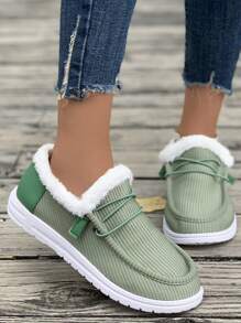 女士加大码雪地靴，圆头平跟低帮蓬松保暖鞋 - 綠色 - 查看 3