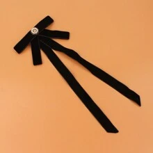 黑色絨布長條蝴蝶結胸針，休閒鑽石裝飾女士衣領配飾，適用於日常穿著 - 黑色 - 查看 3