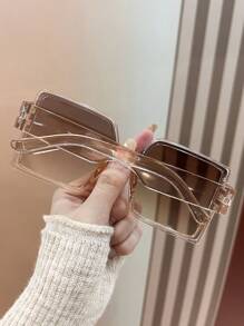 1pair Unisex Square Frame Fashion Glasses For Beach And Daily Wear - Champagne - View 3