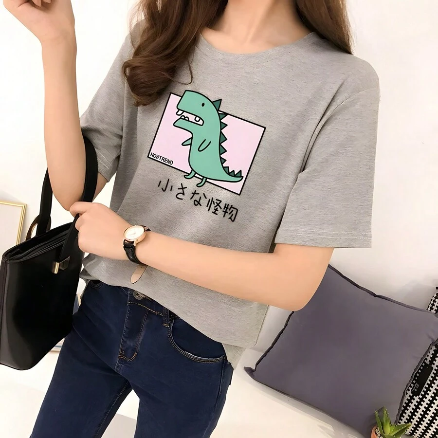 Dinosaurio Playera Slim Fit Cómodo Manga Corta Sin Género - Gris - Ver 1