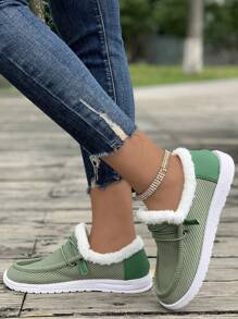 女士加大码雪地靴，圆头平跟低帮蓬松保暖鞋 - 綠色 - 查看 4