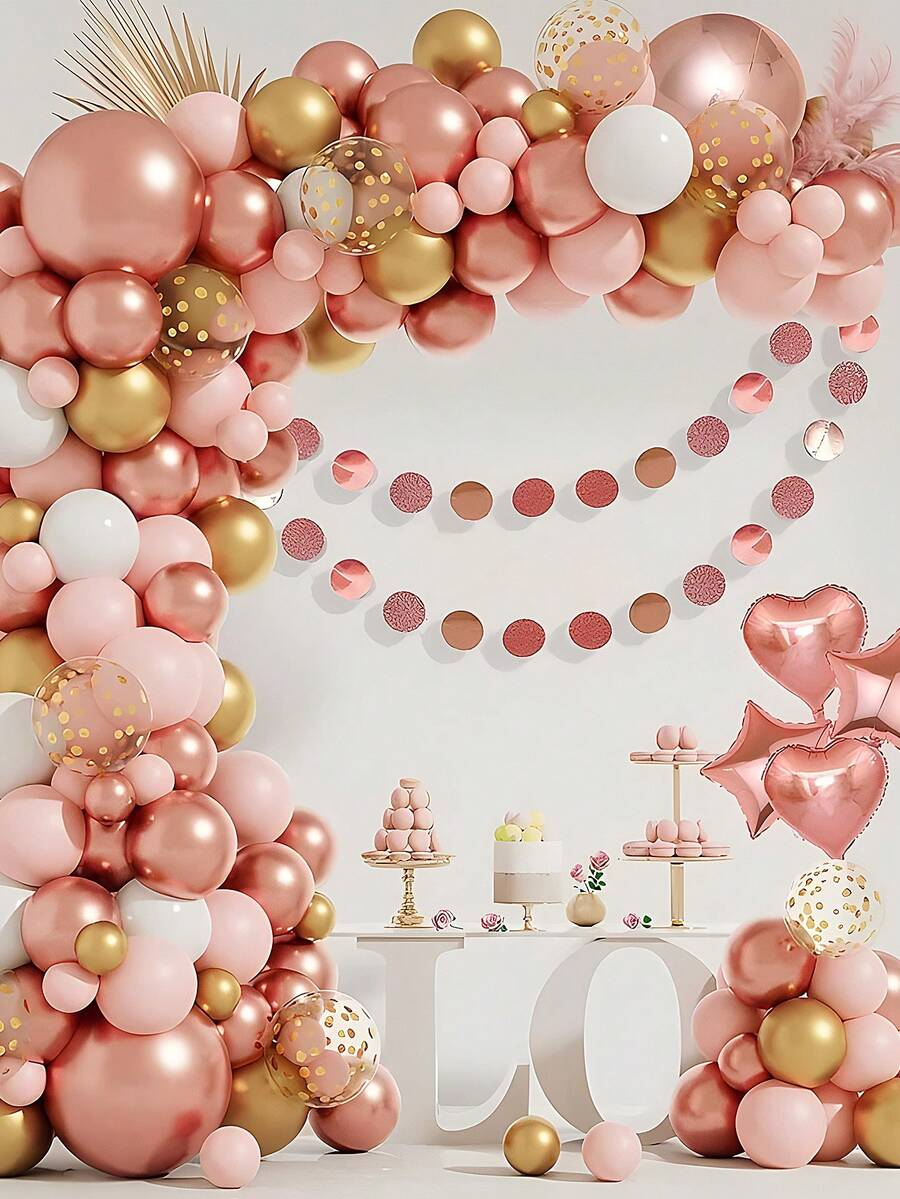 85入組粉色氣球套裝,金屬玫瑰金乳膠材質diy 4d氣球拱門,馬卡龍橙&白&玫瑰金&金氣球花環,適用於聖誕節、新年、婚禮、生日派對等場合