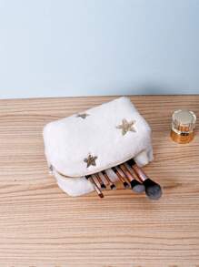 大容量毛绒亮片化妆包行李蓬松轻便化妆包礼物送给妈妈送给女孩派对婚礼化妆品收纳适用于旅行和商务适用于节日（金色星星）圣诞礼物护肤品收纳袋适用于护士礼物、趣味礼物、教师礼物、圣诞派对、旅行用品、伴娘礼物