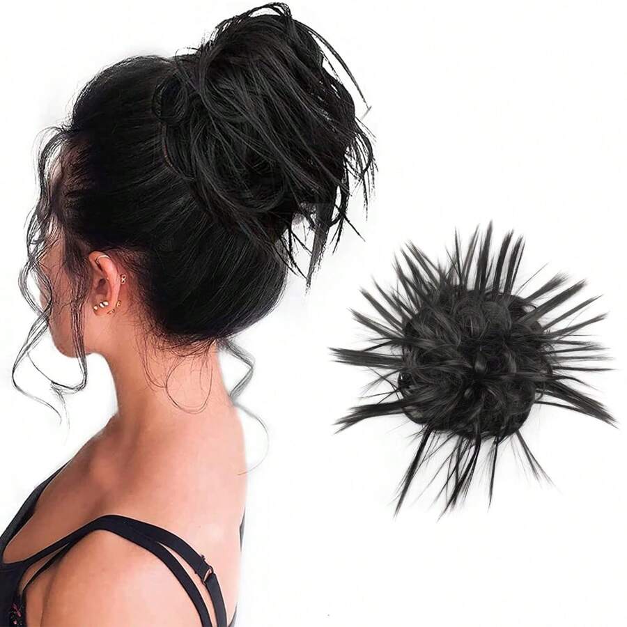 自然黑色 多樣化捲曲飛散半鬆綁高髻假髮/鬆散包子頭托辮辮子盤髮夾片 內附橡皮筋 模擬人造纖維假髮 接發束頭繩 女士假髮美髮工具