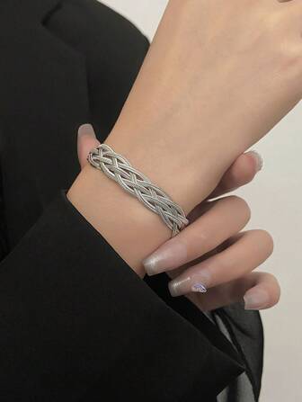 1pc Minimalist Flat Snake Design Stainless Steel Fashionable Bracelet Suitable For Women's Daily Wear