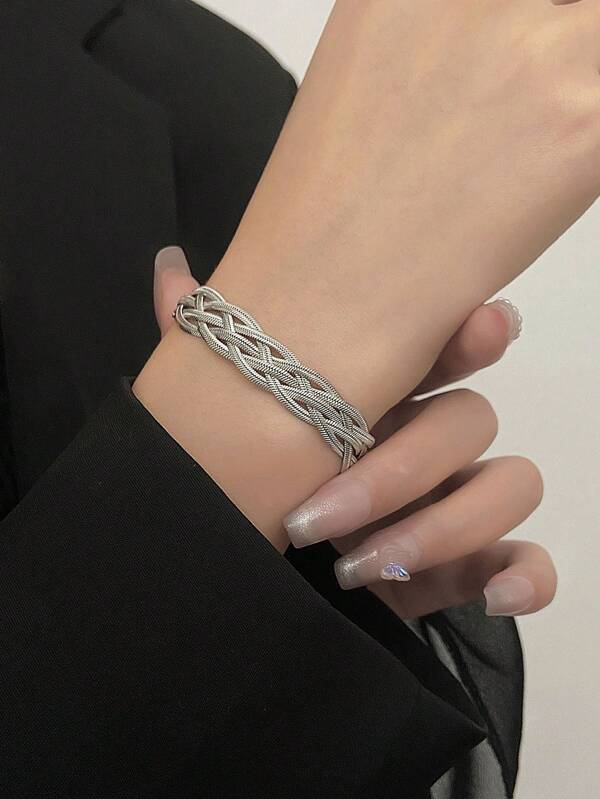 1 Pieza Minimalista Pulsera De Acero Inoxidable Con Diseño De Serpiente Plana Adecuada Para Uso Diario Para Mujeres