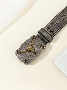 Hàng mới đến Cao Bồi Miền Tây Phong cách Da Thắt lưng Với Hợp kim kẽm Màu Bạc Cổ Đầu bò Khóa , Cá nhân hóa Thắt lưng - Màu xám đen - Xem 5