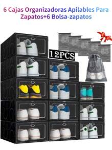 6 Cajas Organizadoras Apilables Para Zapatos+6 Bolsa-zapatos Set de 6 Cajas Organizadoras de Zapatos Apilables - Mueble para Zapatos, Hogar, Cajas de Plástico, Mueble, Organizador de Plástico, Muebles para Ropa y Organizador Cajones, Ideal para Ahorrar Espacio - Negro - Ver 1