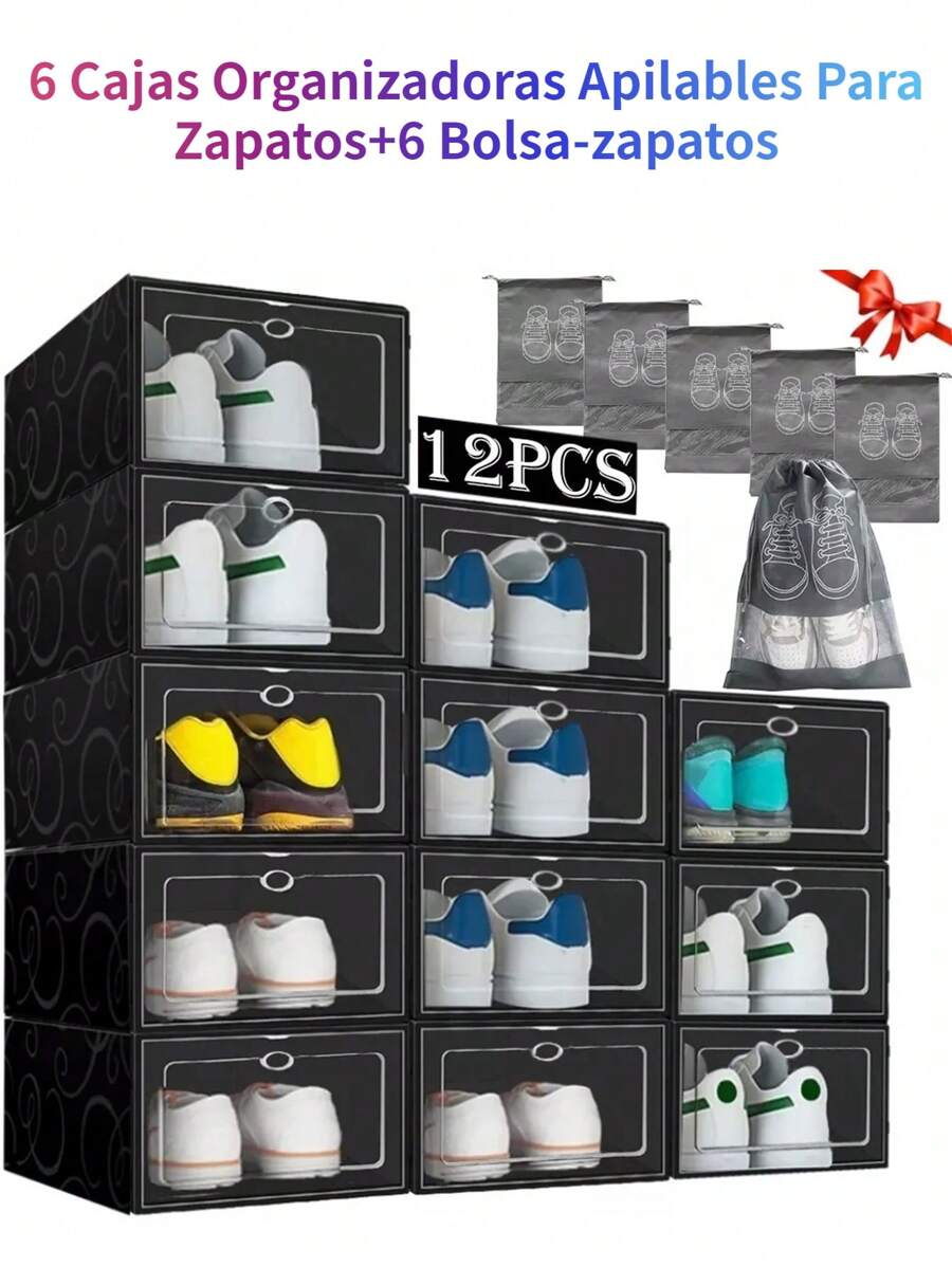 6 Cajas Organizadoras Apilables Para Zapatos+6 Bolsa-zapatos Set de 6 Cajas Organizadoras de Zapatos Apilables - Mueble para Zapatos, Hogar, Cajas de Plástico, Mueble, Organizador de Plástico, Muebles para Ropa y Organizador Cajones, Ideal para Ahorrar Espacio - Negro - Ver 1