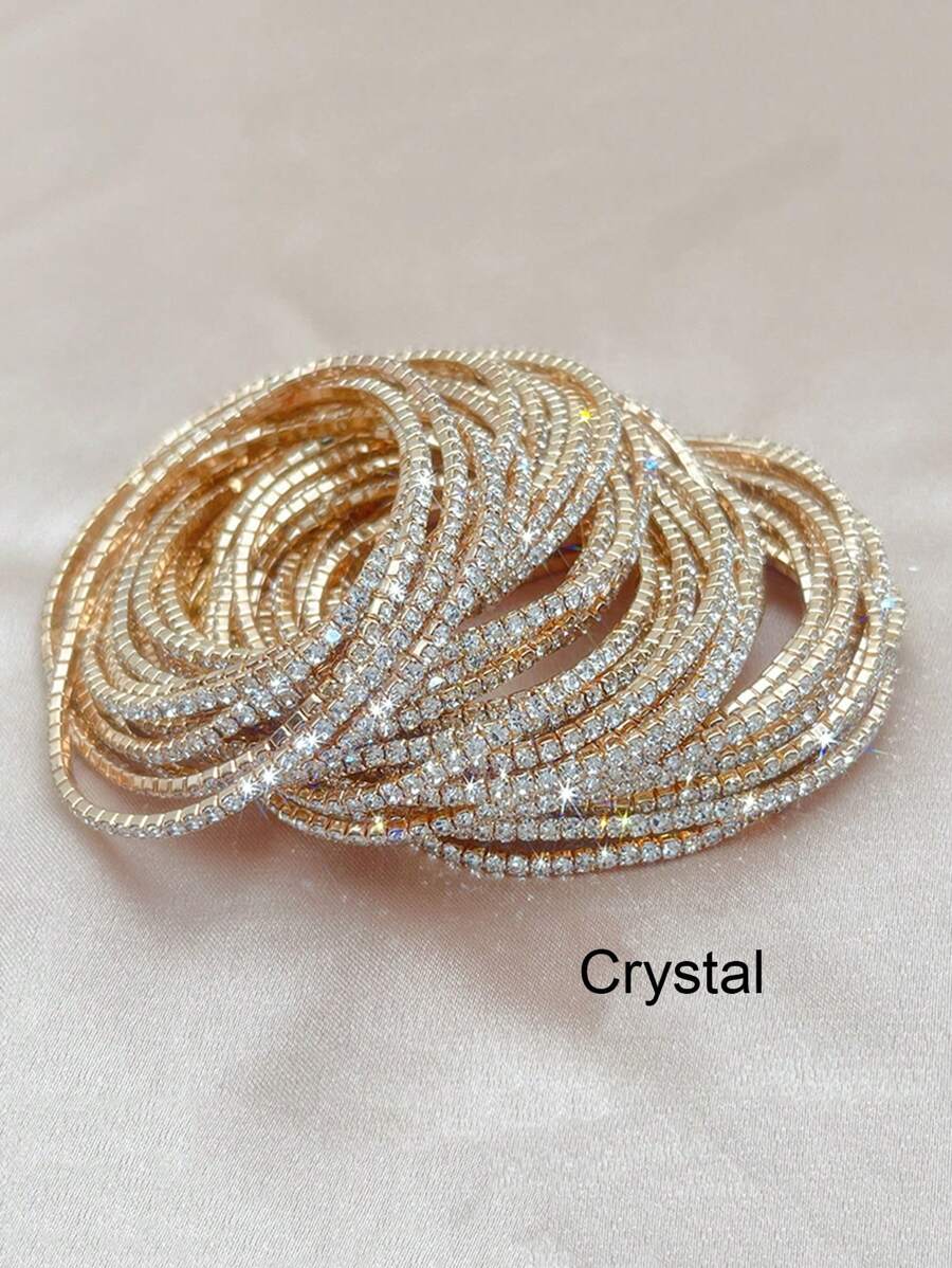 12pcs Set Fashionable White Crystal Elastic Bracelets For Women, Suitable For Parties - Elastic Bracelet - View 1