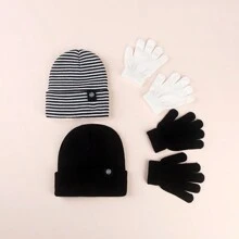 2入組針織帽子和手套套裝,適用於兒童的溫暖冬季頭飾 - 黑與白 - 查看 1