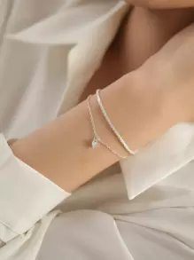 Nooxian 2入組閃亮心形立體氧化鋯石女士手鍊 - 銀色 - 查看 1