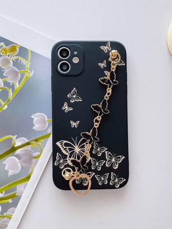 1 pieza Brazalete de mariposa con baño electrolítico negro y 1 pieza Funda de teléfono a prueba de golpes con patrón de mariposa de TPU negro compatible con Apple 17 Pro Max/ 16 Pro Max, Galaxy A52 4G/A31 4G/A23, Redmi Note 11 Pro 4G/Note 12 4G, OPPO A54, A14/A54