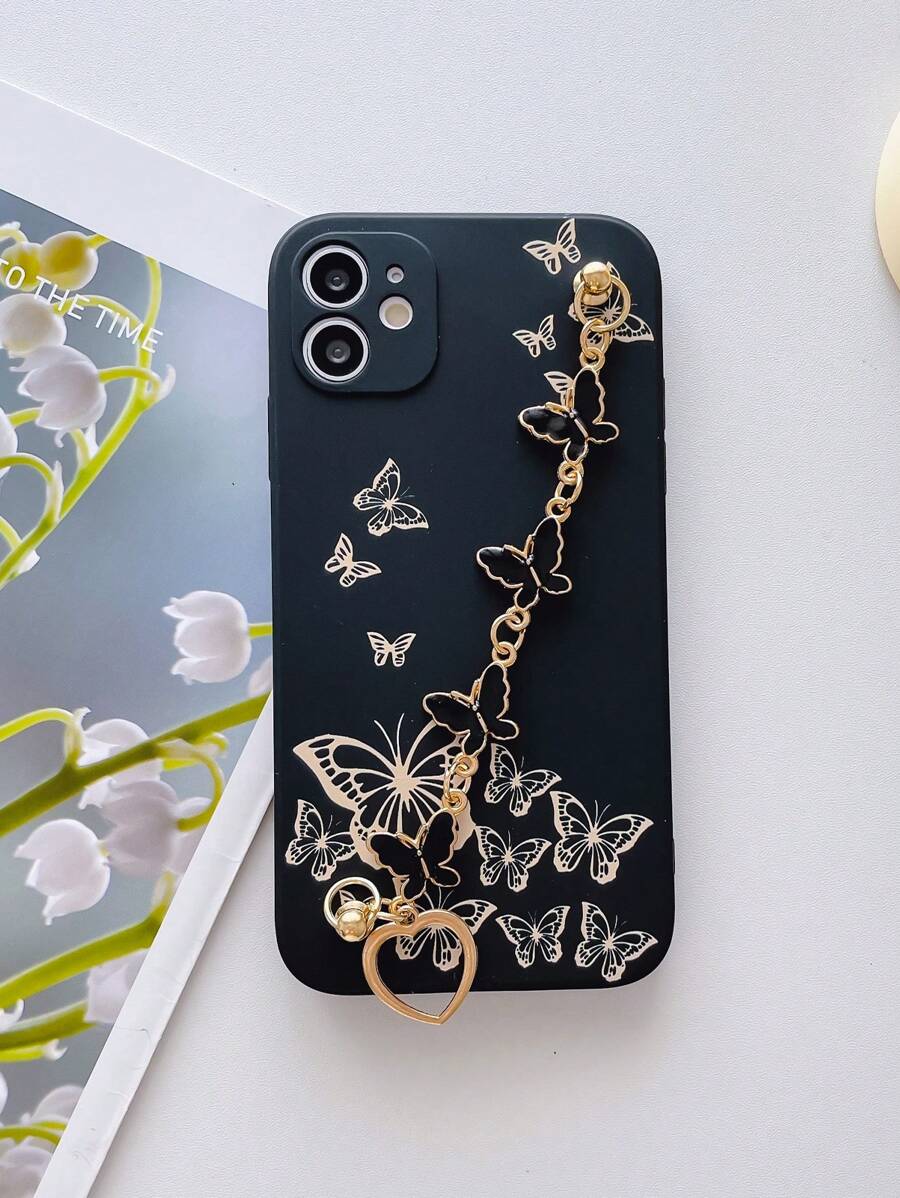 1 Stück schwarzes elektrolytisch beschichtetes Schmetterling Armband und 1 Stück schwarze TPU Schmetterling Muster stoßfeste Handyhülle kompatibel mit Apple 17 Pro Max/ 16 Pro Max, Galaxy A52 4G/A31 4G/A23, Redmi Note 11 Pro 4G/Note 12 4G, OPPO A54, A14/A54 - Verschiedenfarbig - Übersicht 1