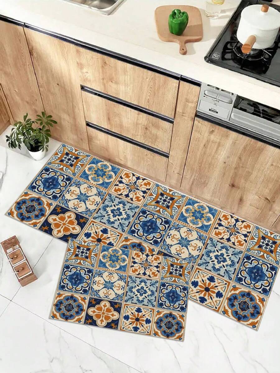 1張花瑰斑駁印花廚房地墊,優雅丙烯酸鈦矩形門墊,適用於家庭廚房 - 彩色 - 查看 1