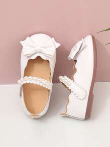 Scarpe In Vernice Con Perle E Fiocco Decorativo Per Neonate E Bambine In Età Prescolare - Bianco - Visualizzare 2