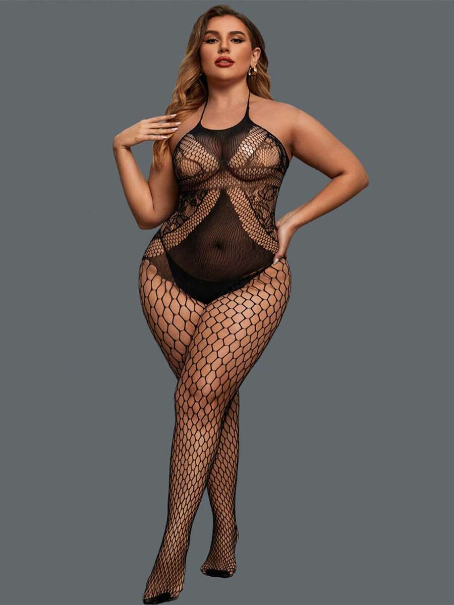 Black Plus Size Halter Neck Backless Sexy Lingerie Bodystocking - Black - View 1