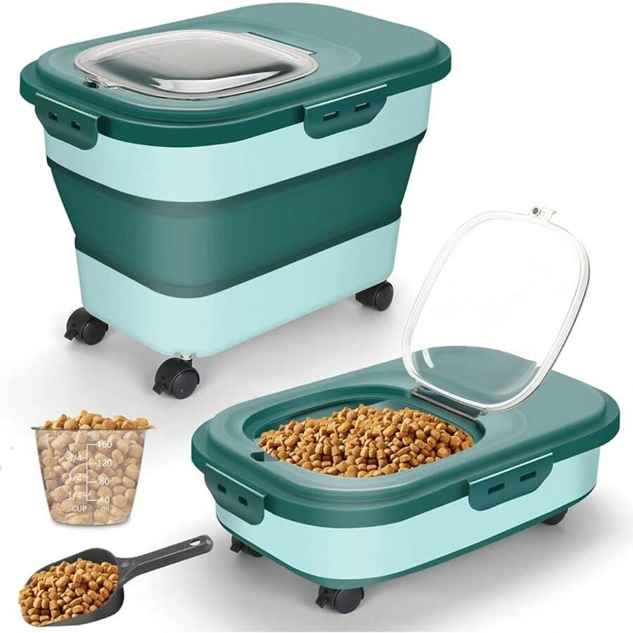 Dog Food Storage Container, 20lb Collapsible Airtight Travel Pet Food Container with Wheels, Scoop, Measuring Cup & Clear Lid, Large Pet Food Holder Bin Keep Dog Cat Bird Seed Animal Dry Food Fresh - 綠色 - 查看 1