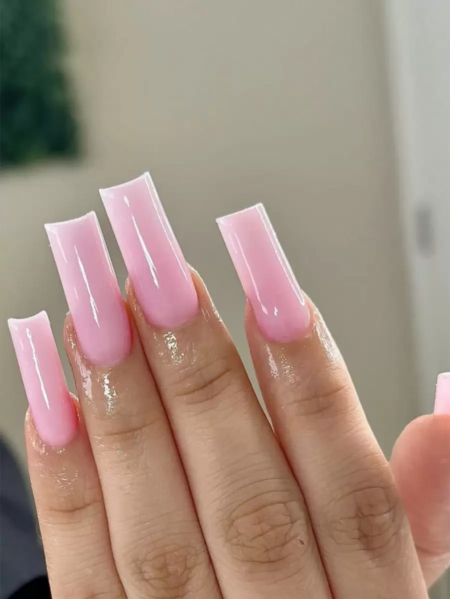 24入組亮面XXL長方形按壓式假指甲，全覆蓋粉色風格假指甲，附1支指甲文件，1支果凍膠，方便日常佩戴及派對約會，美甲工具 - 粉色 - 查看 1