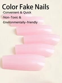 24入組亮面XXL長方形按壓式假指甲，全覆蓋粉色風格假指甲，附1支指甲文件，1支果凍膠，方便日常佩戴及派對約會，美甲工具 - 粉色 - 查看 3