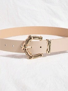 1條女士精緻雕刻合金扣皮帶,白色/米色,多用途和簡潔風格,適用於日常、工作和休閒穿着 - 米色 - 查看 4