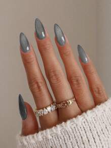 ARTAUG Nâng Của bạn Phong cách Với 24 cái/bộ Màu bạc Xám Hạnh nhân Hình dạng Mắt mèo Sai Che đậy hoàn toàn Móng tay giả Bộ , 1 Miếng Giũa móng tay & Keo dính Hình dán Bộ dụng cụ Móng tay Cho cô gái Mẹ NỮ Qủa tặng Và Móng tay Quân nhu , Làm trắng Nghệ thuật làm Móng Bộ Với Có thể tháo rời Móng tay giả Đối với Lễ hội , Buổi tiệc , Ngày Và Mặc hàng ngày - Xám - Xem 1