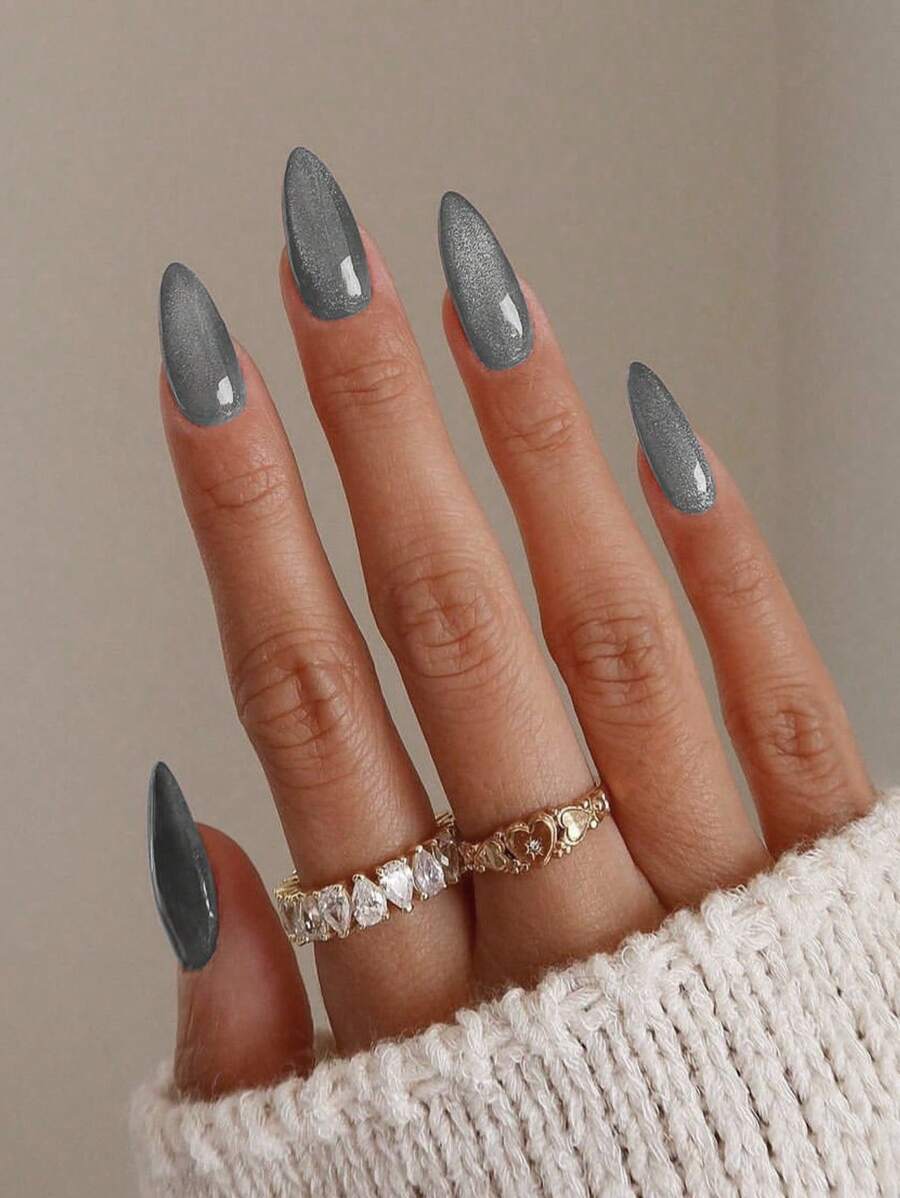 ARTAUG Nâng Của bạn Phong cách Với 24 cái/bộ Màu bạc Xám Hạnh nhân Hình dạng Mắt mèo Sai Che đậy hoàn toàn Móng tay giả Bộ , 1 Miếng Giũa móng tay & Keo dính Hình dán Bộ dụng cụ Móng tay Cho cô gái Mẹ NỮ Qủa tặng Và Móng tay Quân nhu , Làm trắng Nghệ thuật làm Móng Bộ Với Có thể tháo rời Móng tay giả Đối với Lễ hội , Buổi tiệc , Ngày Và Mặc hàng ngày - Xám - Xem 1