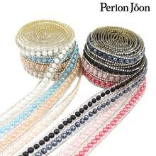 Perlon Joon 1yd 1cm Width Glossy Black Pearl & Rhinestone Decor Edging Ribbon, Iron-on Crystal Beaded Webbing For Clothing, Shoes Accessory - Black - View 4