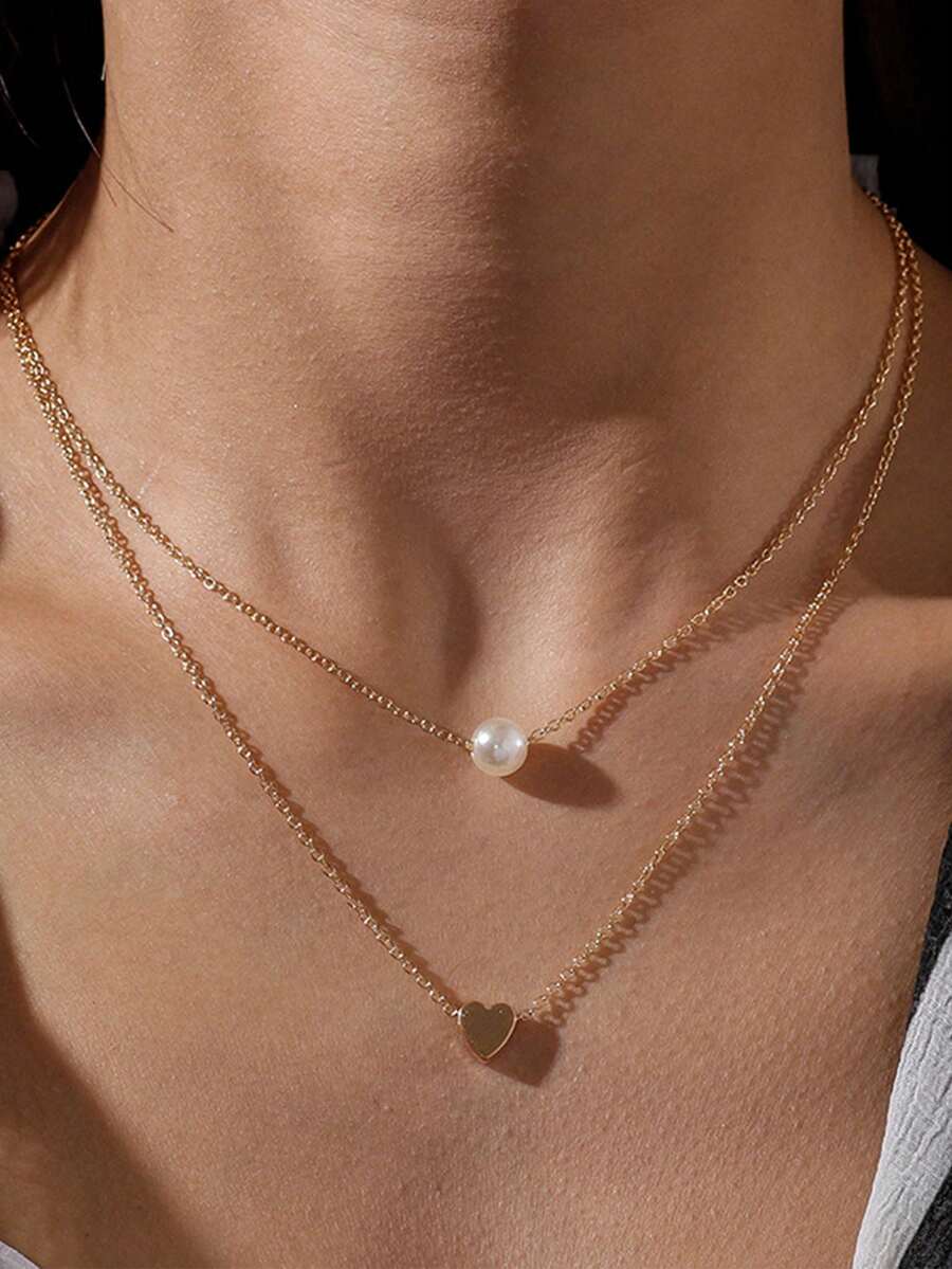 1件简约金色双层项链，配珍珠和心形吊坠，以及心形细节，女士日常百搭个性化毛衣多层项链 - 金色雙層珍珠心形頸鍊 - 查看 1