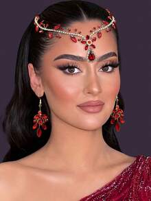 1 套女式紅色、綠色和藍色頭飾和耳環套裝,新娘禮服髮飾